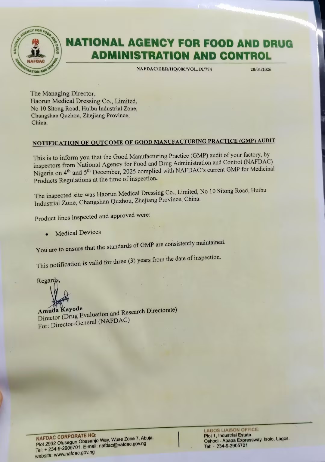 Haorun Medical Products, 나이지리아에서 공식적으로 NAFDAC 등록 인증 획득